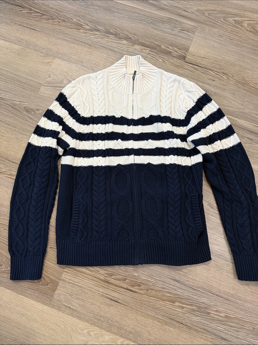 L.L. Bean Navy and Cream Zip-Up Cable Knit Sweater